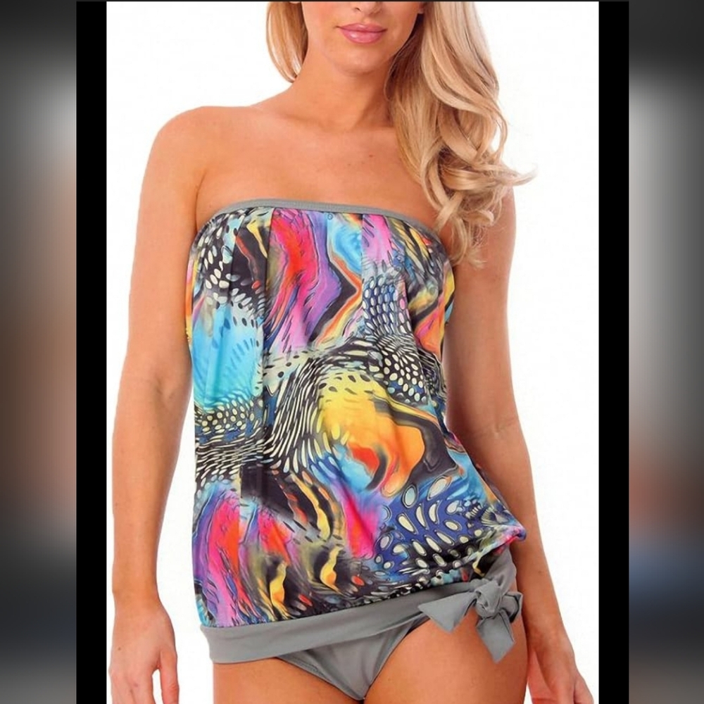 Dippin' Daisy's Multicolor Tankini Top Size 8 Removeable Halter Tie Strap USA - Picture 5 of 17